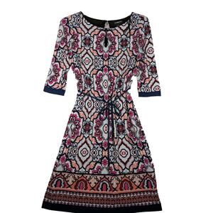 Liz Claiborne dress y2k Sz S Border Print Keyhole Lined,Corded Belt.Moroccan